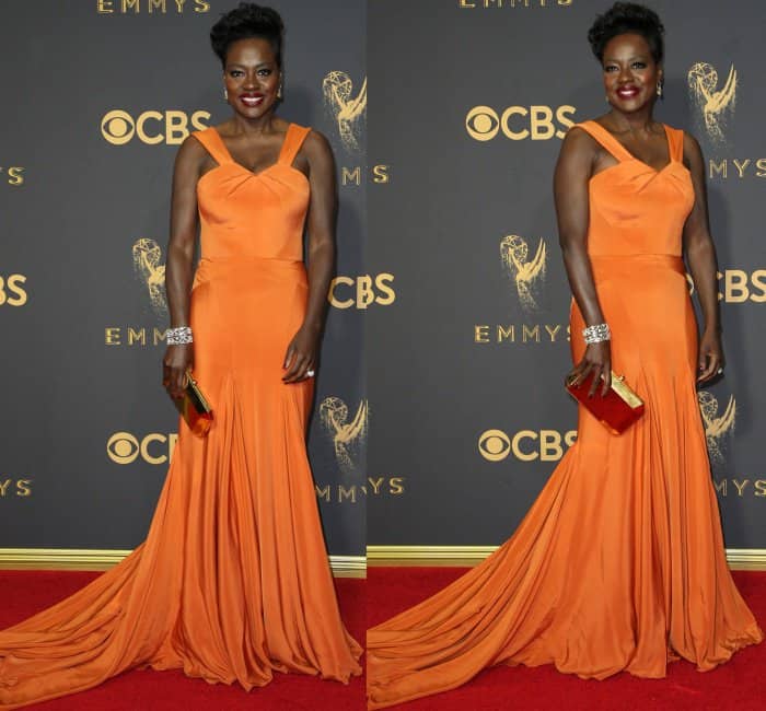 Viola Davis wearing a custom tangerine gown by Zac Posen at the 69th Emmy Awards