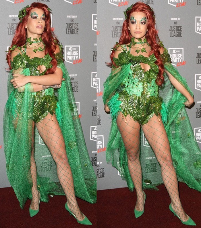 Rita Ora attends the KISS House Party dressed in a Poison Ivy costume.
