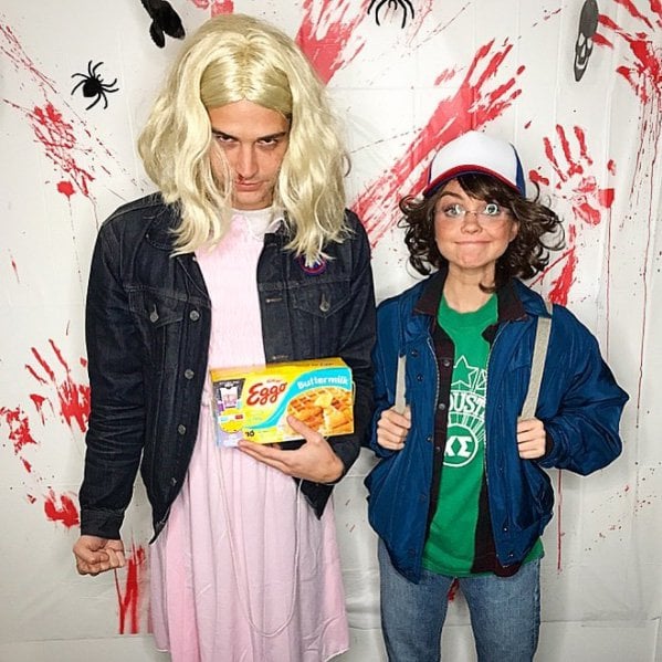 Sarah Hyland and Wells Adams dress up as Stranger Things characters Eleven and Dustin, complete with signature outfits and props, for a Halloween celebration