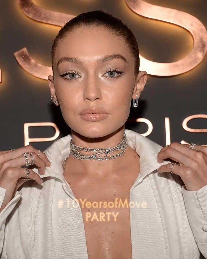 Image shared by Messika with the caption "The stunning @gigihadid sparkled yesterday at the Move 10th anniversary party in Messika by Gigi Move Addiction collection. #MessikabyGigiHadid#DiamondAddiction#Messikajewelry"