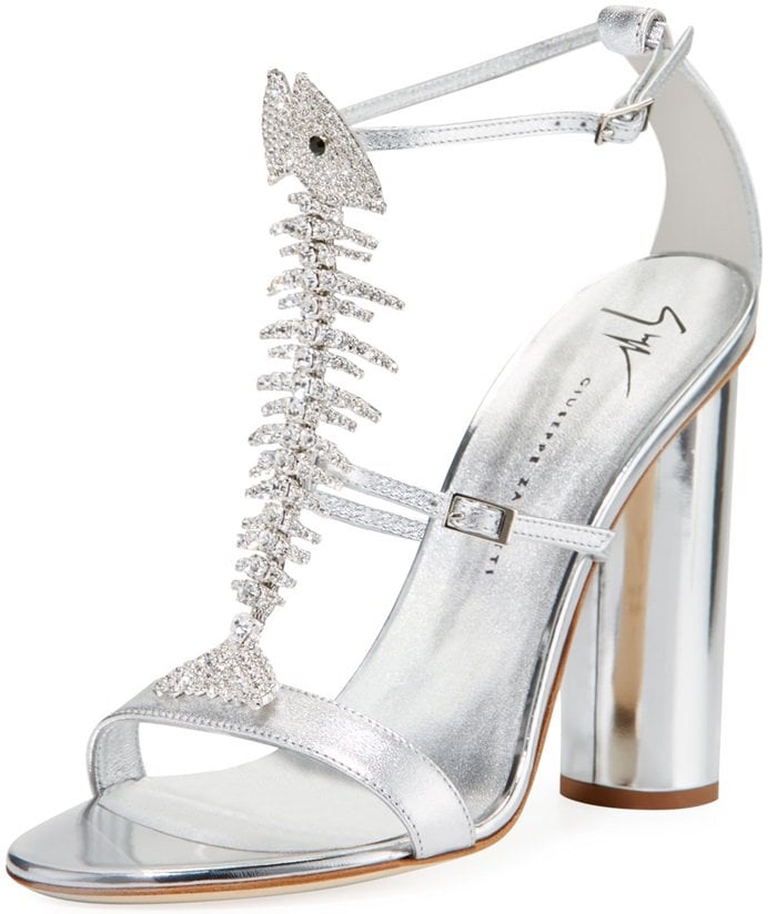 Giuseppe Zanotti metallic leather sandals with Swarovski crystal fish skeleton center