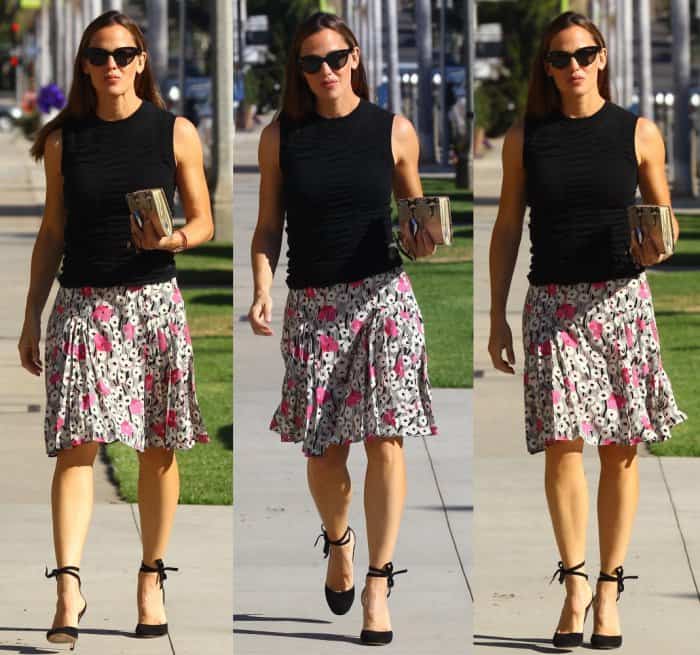 Jennifer Garner paired a floral skirt with a sleeveless black blouse