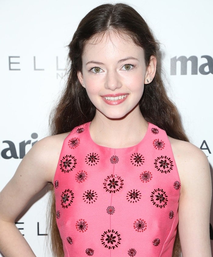 Mackenzie Foy wearing a pink embellished Kate Spade New York dress at Marie Claire’s “Fresh Faces” in West Hollywood on April 21, 2017