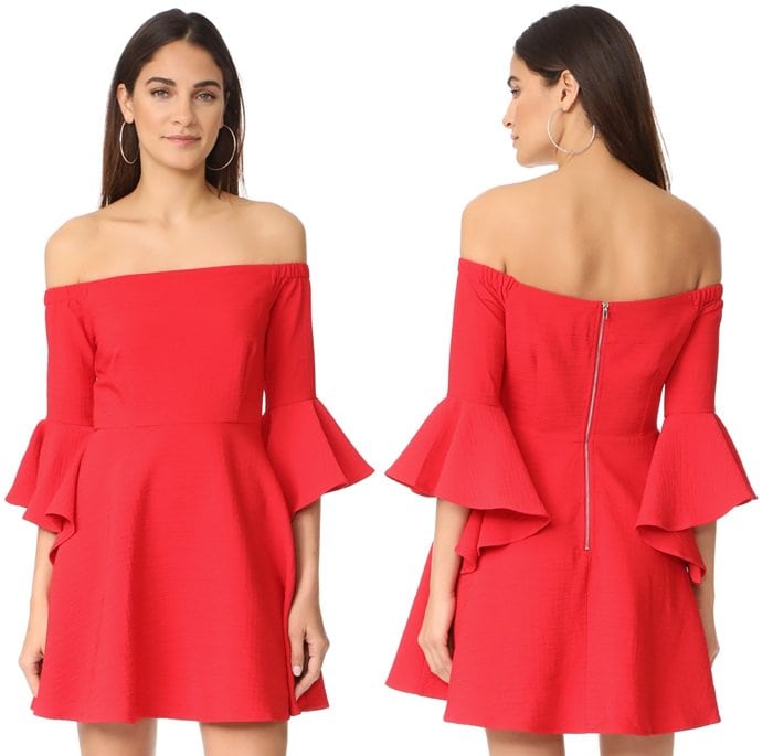 A flirty dress styled with an off-shoulder elastic neckline and swingy skirt