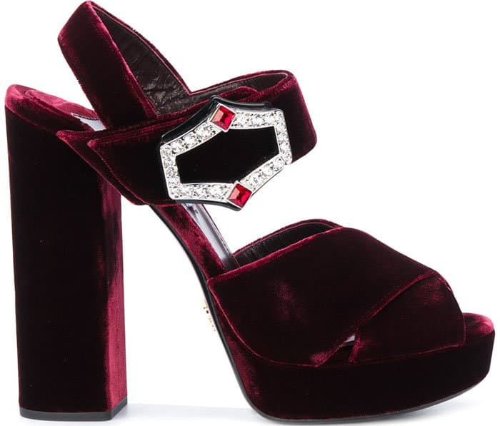 Prada jeweled-buckle velvet platform sandals