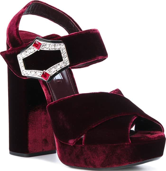 Prada jeweled-buckle velvet platform sandals