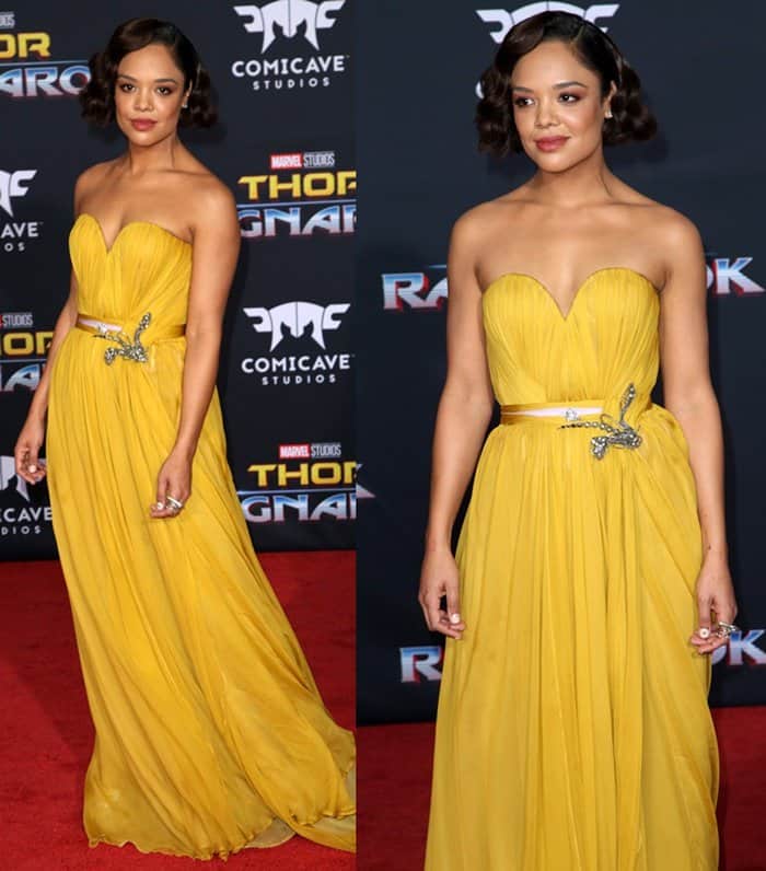 Tessa Thompson wore a Schiaparelli Fall 2017 Couture gown at the world premiere of "Thor: Ragnarok"