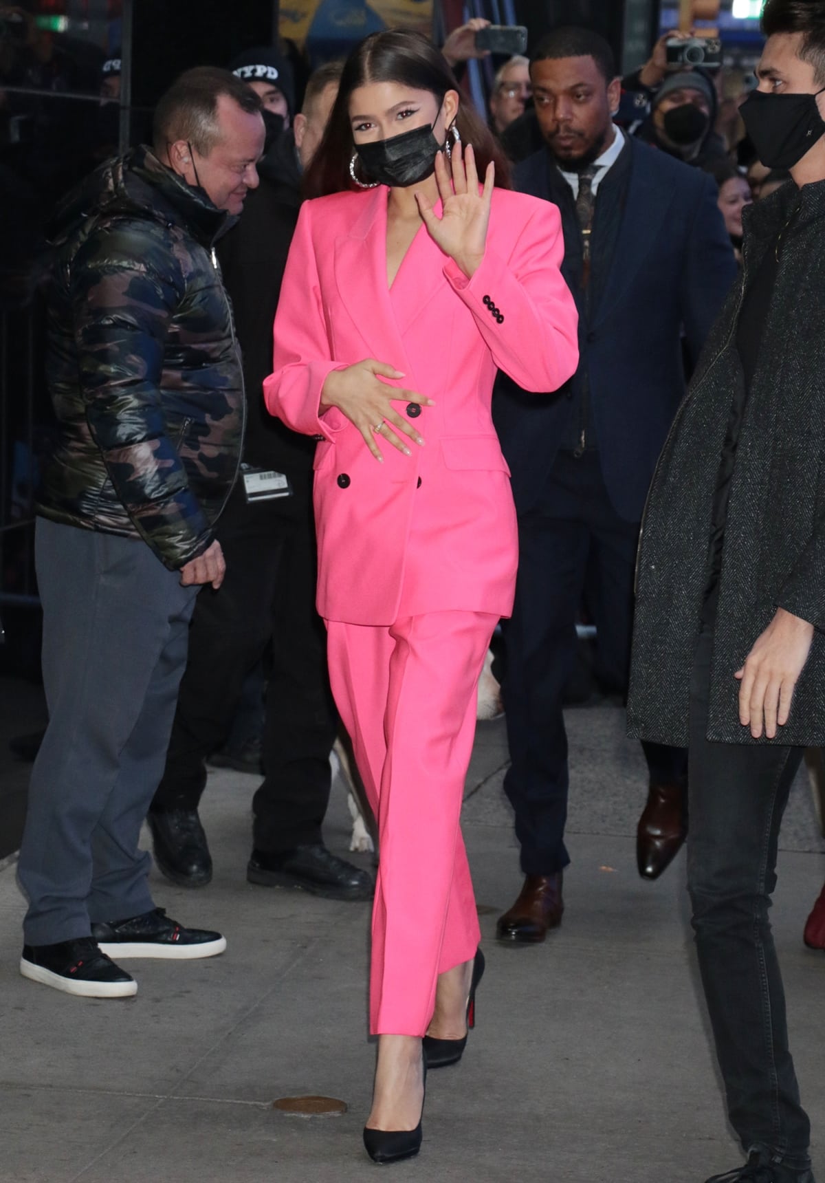 Zendaya arrives in a pink suit for her appearance on Good Morning America