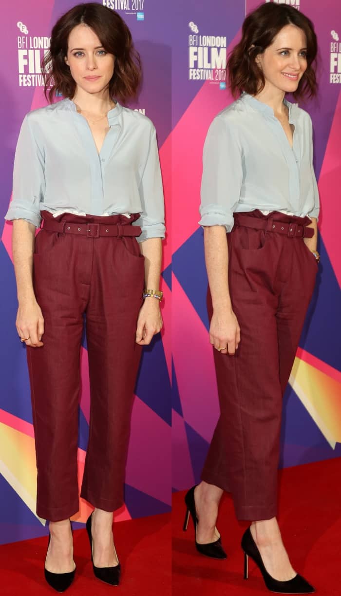 Claire Foy wearing an Isa Arfen Fall 2017 trousers and Jimmy Choo "Romy" pumps at the "Breathe" photocall during the 61st BFI London Film Festival