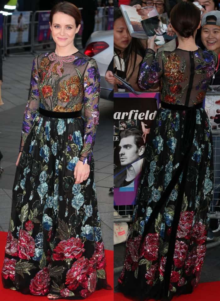 Claire Foy wearing a Gucci embellished floral gown and black sandals at the "Breathe" premiere during the 61st BFI London Film Festival opening night gala