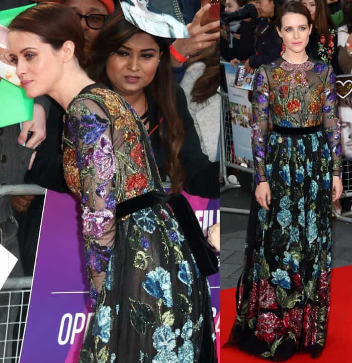 Claire Foy wearing a Gucci embellished floral gown and black sandals at the "Breathe" premiere during the 61st BFI London Film Festival opening night gala