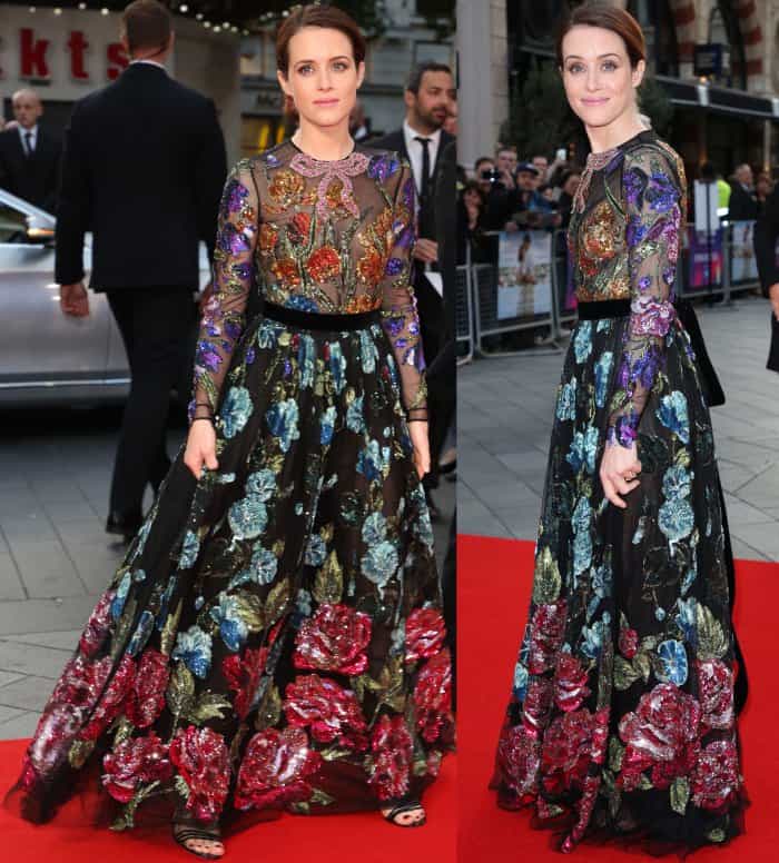 Claire Foy wearing a Gucci embellished floral gown and black sandals at the "Breathe" premiere during the 61st BFI London Film Festival opening night gala