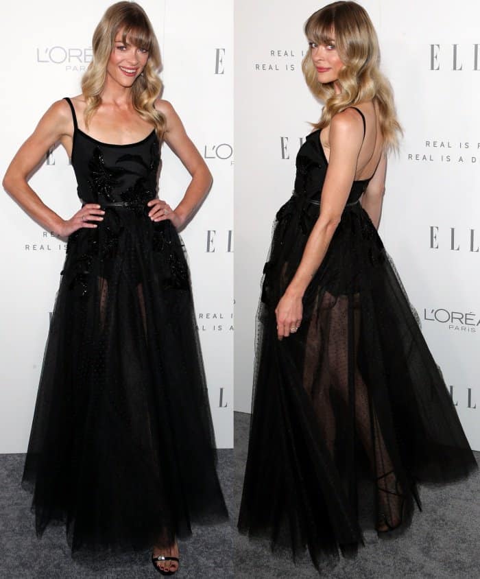 Jaime King wearing an Elie Saab Fall 2017 gown and Giuseppe Zanotti sandals at Elle's 24th Annual Women in Hollywood Celebration