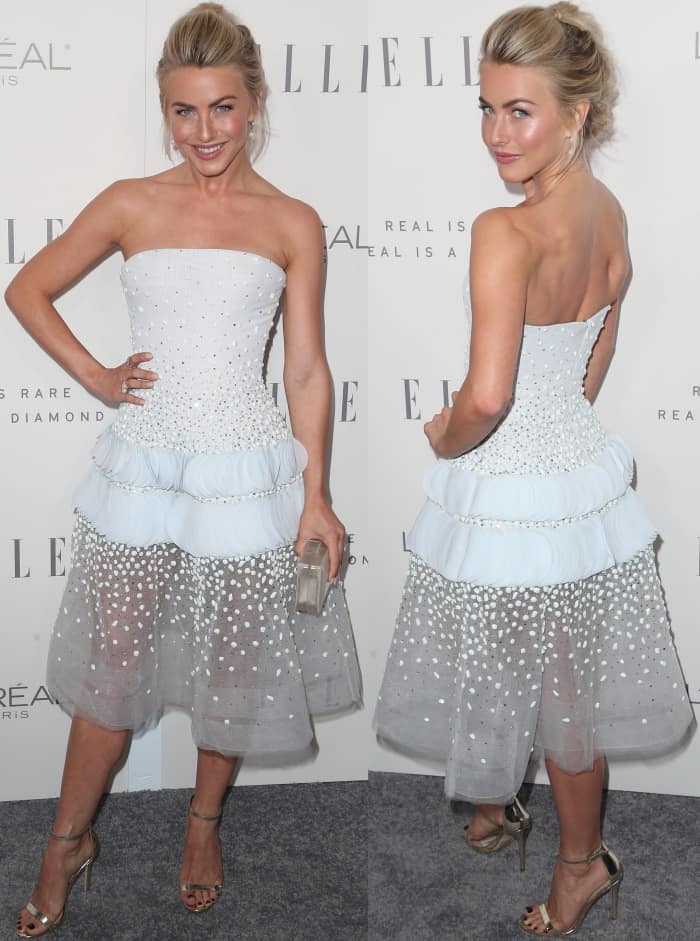 Julianne Hough wearing a Georges Chakra Spring 2017 Couture dress and Aldo "Polesia" sandals at Elle's 24th Annual Women in Hollywood Celebration