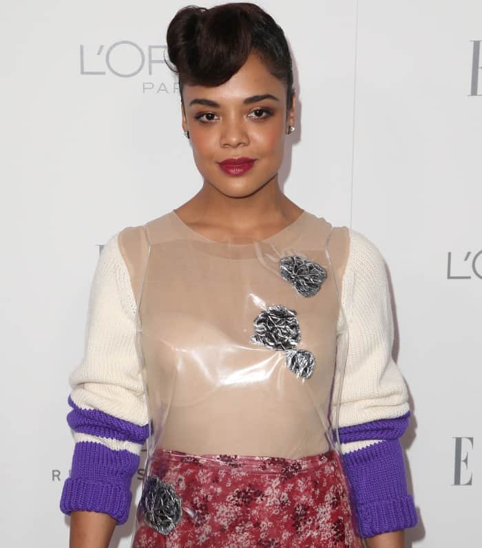 Tessa Thompson wearing a Calvin Klein Fall 2017 dress at Elle's 24th Women in Hollywood Celebration