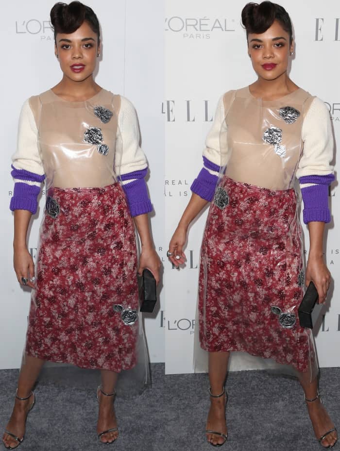 Tessa Thompson turns heads at Elle’s Women in Hollywood Celebration in a bold Calvin Klein look featuring a PVC overlay, floral skirt, and silver Nicholas Kirkwood “Penelope Pearl” sandals