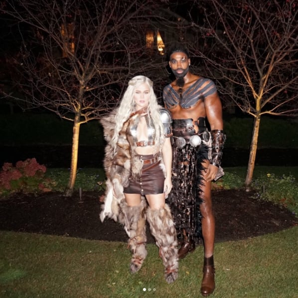 Khloé Kardashian and Tristan Thompson dress as Game of Thrones characters Daenerys Targaryen and Khal Drogo, embracing detailed costumes with fur, leather, and warrior-inspired accessories for Halloween