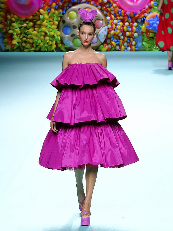 The Agatha Ruiz de la Prada spring 2018 pink tiered dress as presented during Mercedes-Benz Fashion Week Madrid Spring/Summer 2018 in Madrid, Spain, on September 15, 2017.