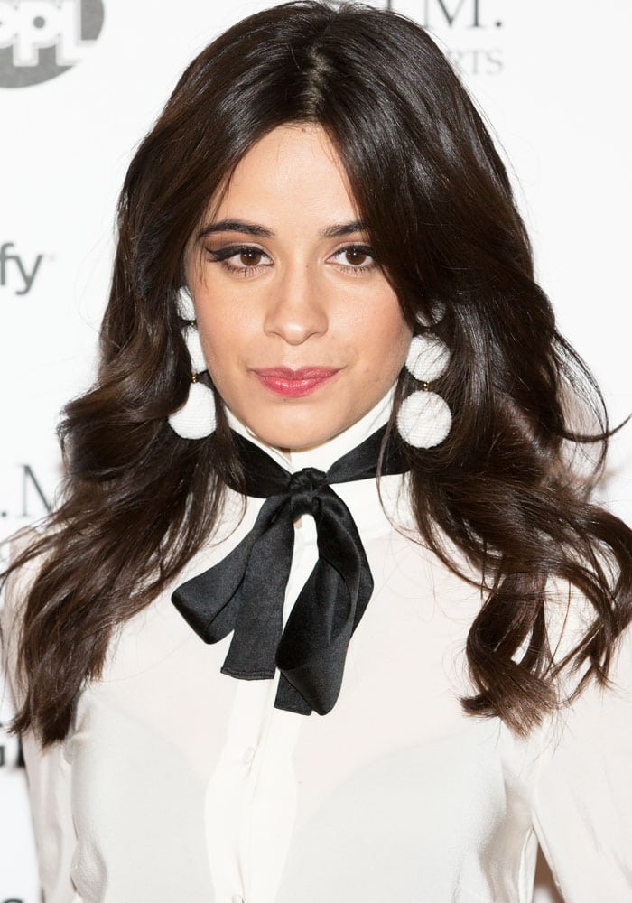 Camila Cabello's statement ball earrings by Rebecca de Ravenel at the 2017 Music Industry Trusts Award