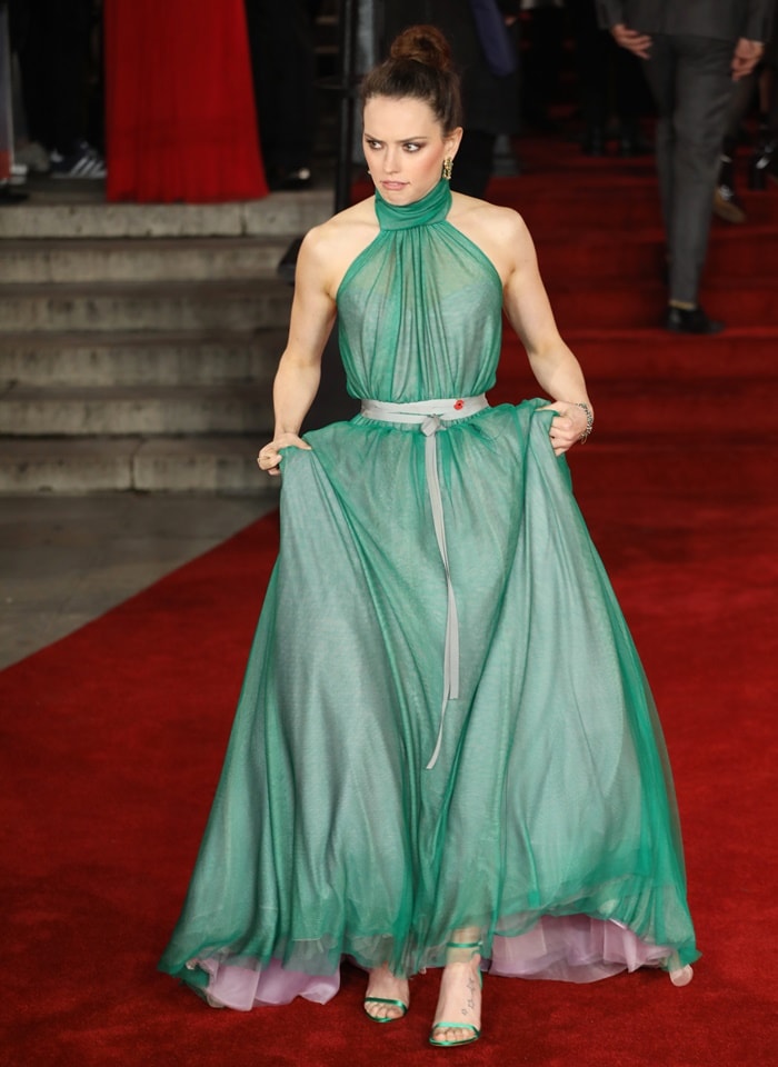 Daisy Ridley wearing a custom Vivienne Westwood halter gown at the world premiere of ‘Murder On The Orient Express’ held at the Royal Albert Hall in London on November 2, 2017