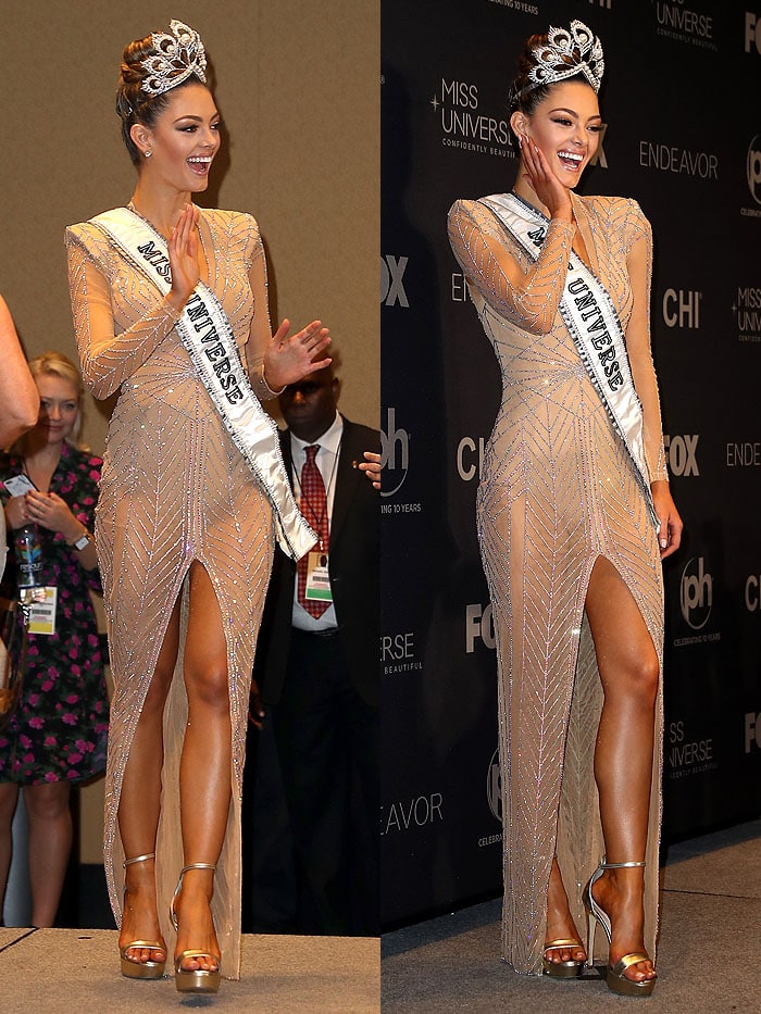 Miss South Africa and Miss Universe 2017 Demi-Leigh Nel-Peters posing in the press room after winning the 2017 Miss Universe Pageant held at The Axis at Planet Hollywood Resort & Casino in Las Vegas, Nevada, on November 26, 2017.