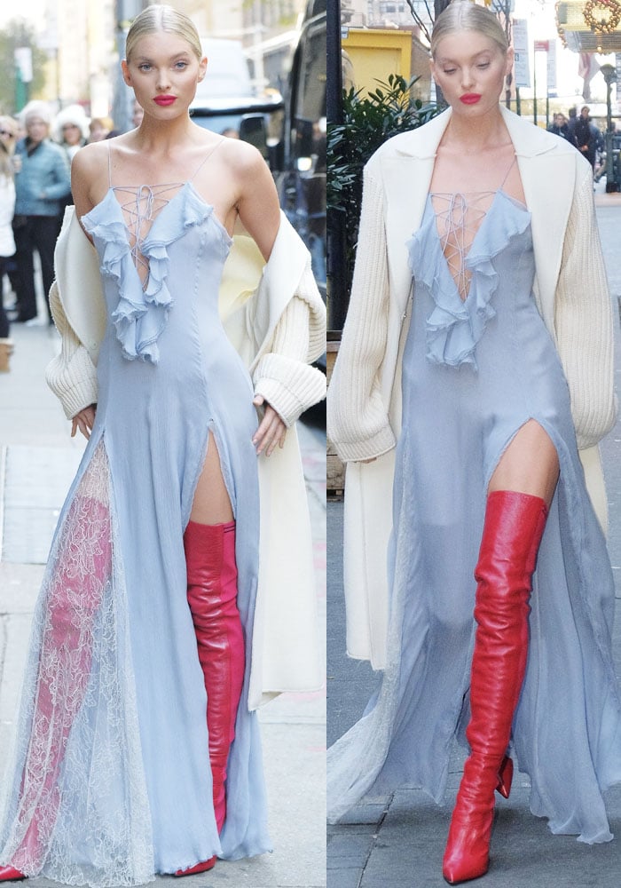 Elsa Hosk's ensemble diverged from her typical street style, and she completed the look with red thigh-high Fendi "Rockoko" boots