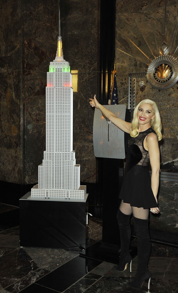 Gwen Stefani flips the switch at the Empire State Building’s Symbolic Lighting Ceremony to promote the 2017 Holiday Light Show in New York City on November 20, 2017