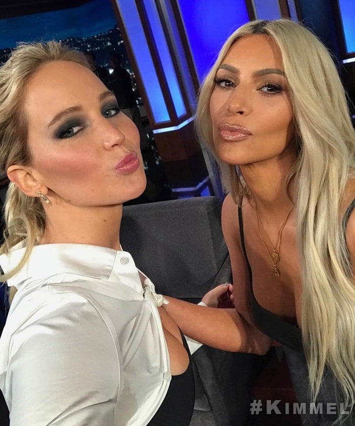 Jennifer Lawrence and Kim Kardashian strike a playful pose backstage during their unforgettable sit-down on Jimmy Kimmel Live!