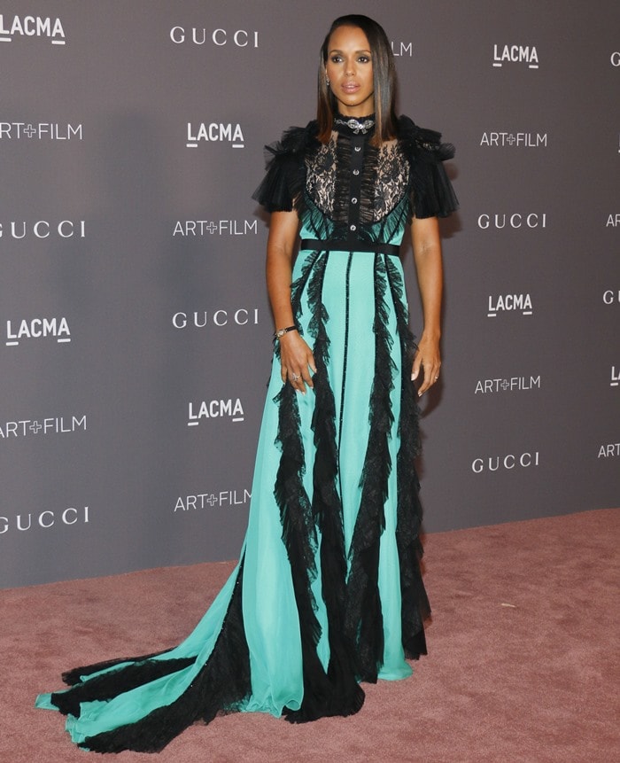 Kerry Washington in a ruffled lace Gucci gown at the 2017 LACMA Art + Film Gala presented by Gucci at LACMA in Los Angeles on November 4, 2017