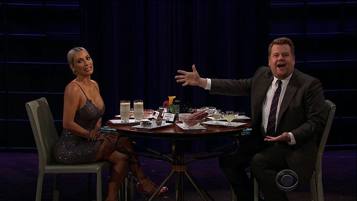 Kim Kardashian having to drink a sardine smoothie on the "Spill Your Guts or Fill Your Guts" segment of her guest appearance on "The Late Late Show with James Corden"