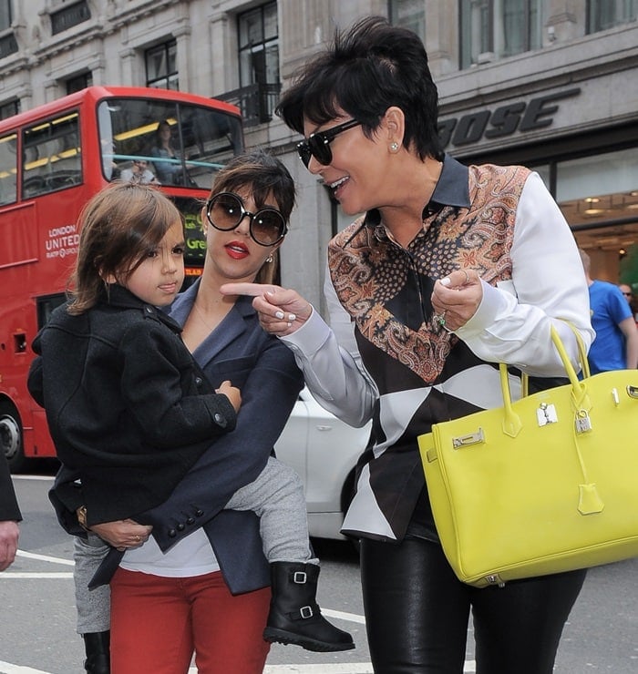Kourtney Kardashian, Kris Jenner, and Mason Disick go shopping in London on April 25, 2013