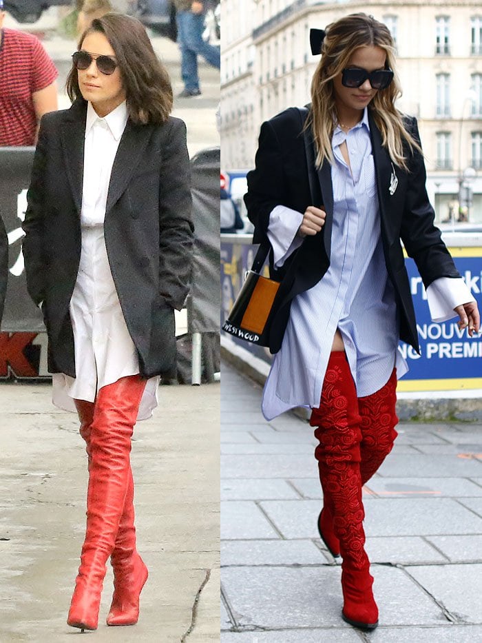 Mila Kunis and Rita Ora in red superhero boots.