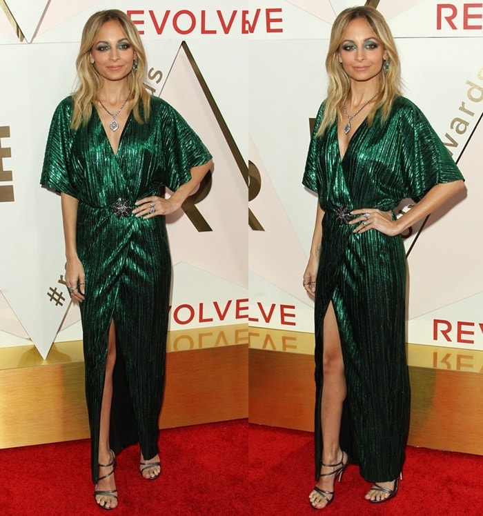 Nicole Richie attends the Revolve Awards wearing green dress.