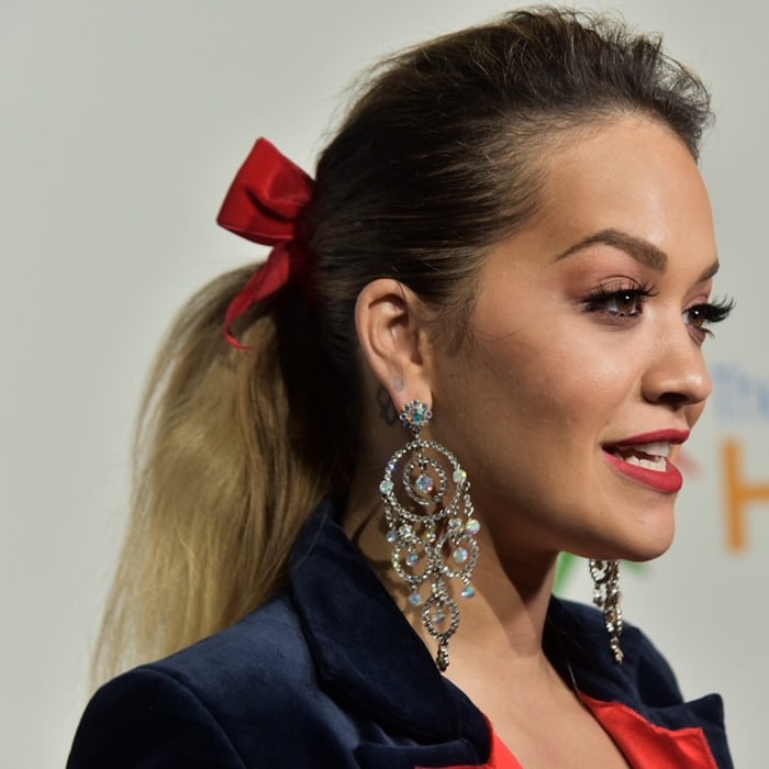 Rita Ora wearing a velvet tuxedo suit by SOS Steve Smith at the Samsung Charity Gala held at Skylight Clarkson Square in New York City on November 2, 2017