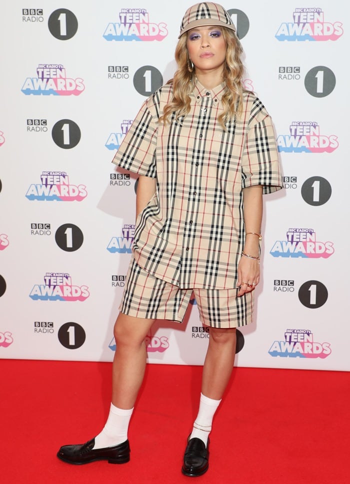 Rita Ora wearing a Gosha Rubchinskiy Spring 2018 outfit to host the BBC Radio 1 Teen Awards at Wembley Arena in London on October 22, 2017