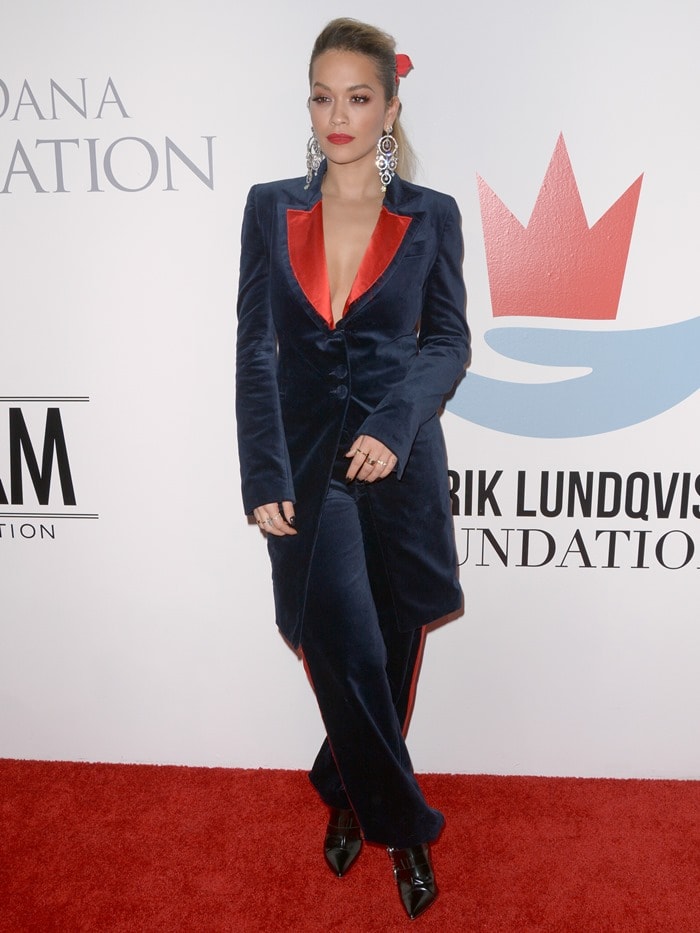 Rita Ora wearing a velvet tuxedo suit by SOS Steve Smith at the Samsung Charity Gala held at Skylight Clarkson Square in New York City on November 2, 2017