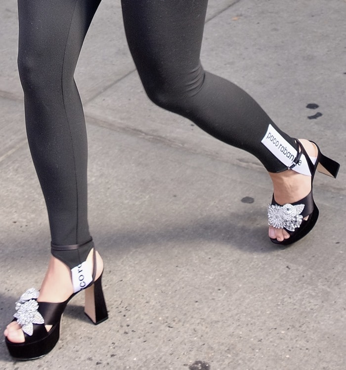 Rita Ora wearing Sophia Webster Lilico crystal-embellished satin platform sandals