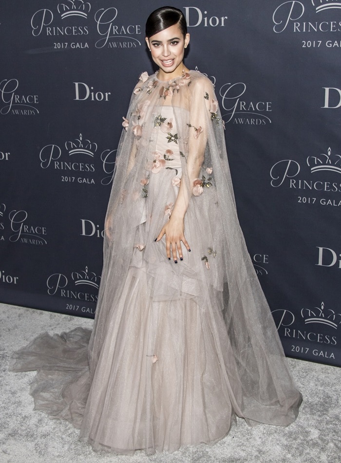 Sofia Carson wearing a Monique Lhuillier nude tulle princess gown to the 2017 Princess Grace Awards Gala held at The Beverly Hilton Hotel in Beverly Hills, California, on October 25, 2017