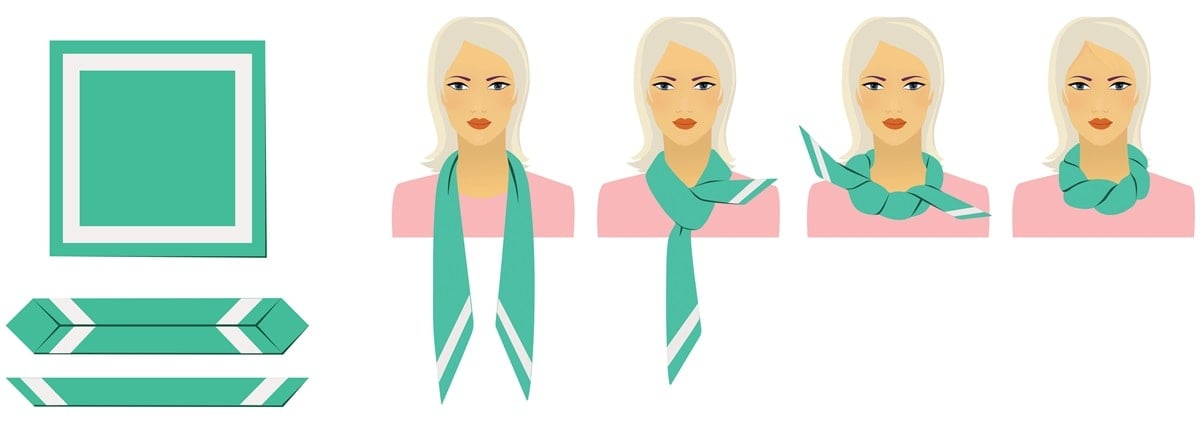 Step-by-step illustration of a woman tying a scarf