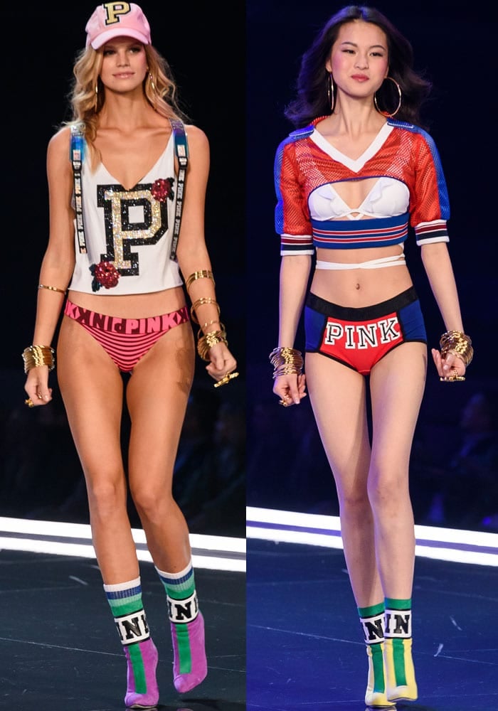 Nadine Leopold and Xin Xie show off the PINK lingerie and sporty crop tops