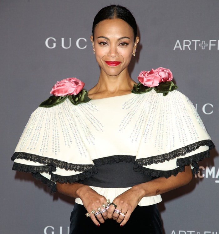 Zoe Saldaña in a velvet Gucci gown at the 2017 LACMA Art + Film Gala presented by Gucci at LACMA in Los Angeles on November 4, 2017