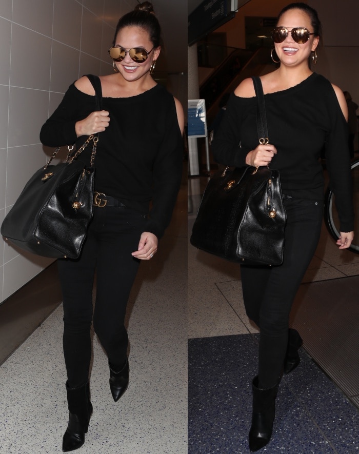 Chrissy Teigen wears J Brand high-waisted skinny jeans