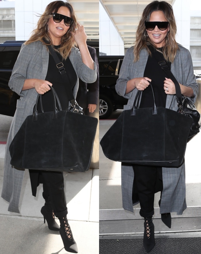 Chrissy Teigen wears an Alice + Olivia glen-plaid overcoat