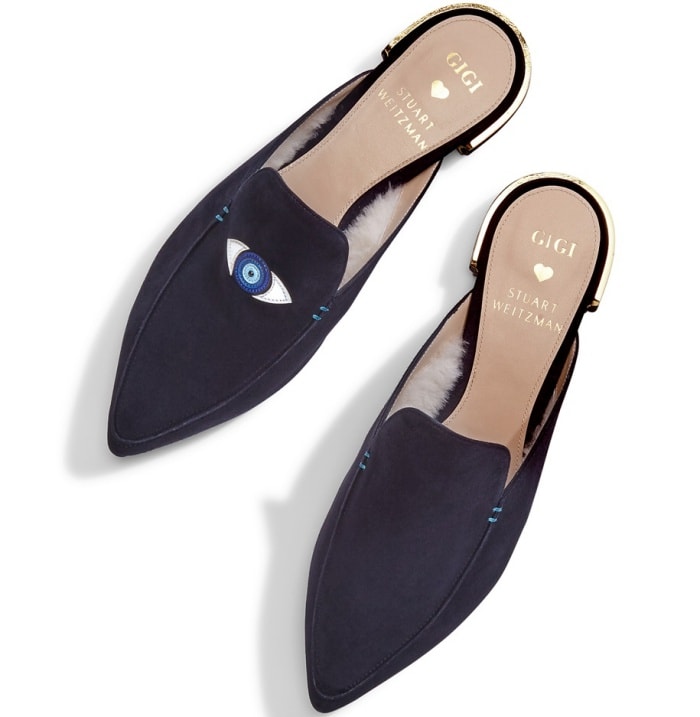 Gigi Hadid x Stuart Weitzman "Eyelove" mules in deep indigo