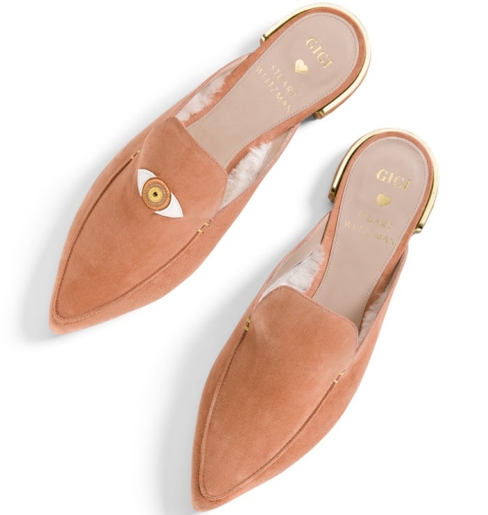 Gigi Hadid x Stuart Weitzman "Eyelove" mules in ballet tan