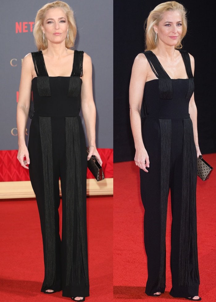 Gillian Anderson wearing a Galvan Resort 2018 jumpsuit and black sandals at Netflix’s "The Crown" Season 2 world premiere