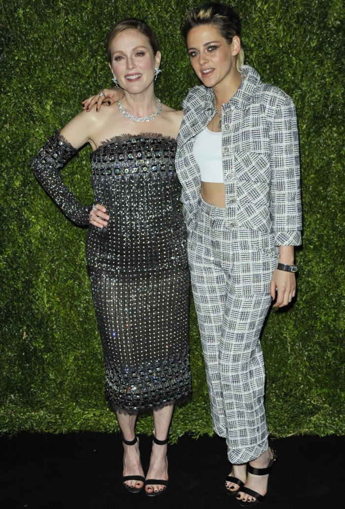 Julianne Moore sparkles in a strapless embellished Chanel dress, while Kristen Stewart exudes cool in a plaid Chanel suit paired with her signature black sandals
