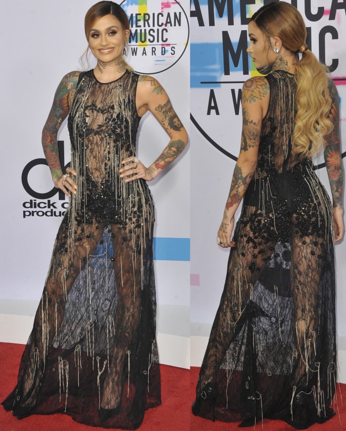 Kehlani wearing an Amen Fall 2017 dress and Christian Louboutin "So Kate" pumps at the 2017 American Music Awards