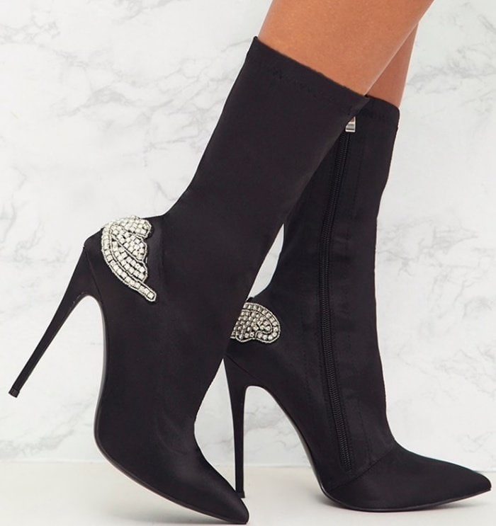 PrettyLittleThing by Kourtney Kardashian satin diamante detail heeled ankle boots in black