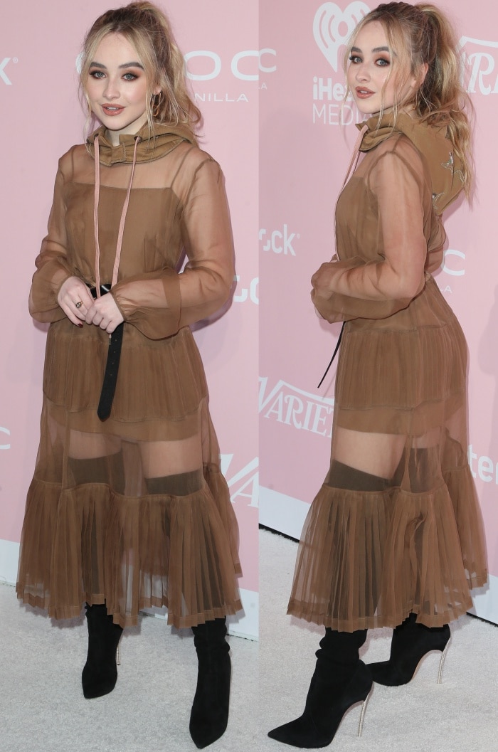 Sabrina Carpenter wearing a No. 21 dress and Casadei "Blade" thigh-high boots at Variety’s 1st Annual Hitmakers Luncheon